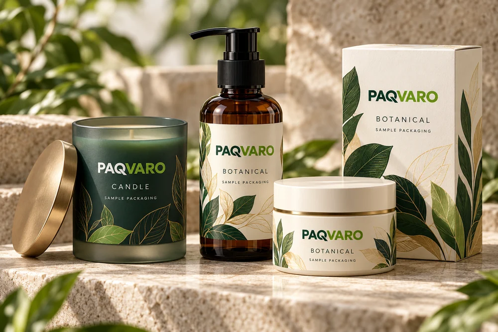 Illustrative PAQVARO concept for candle & cosmetics labels; not a customer project