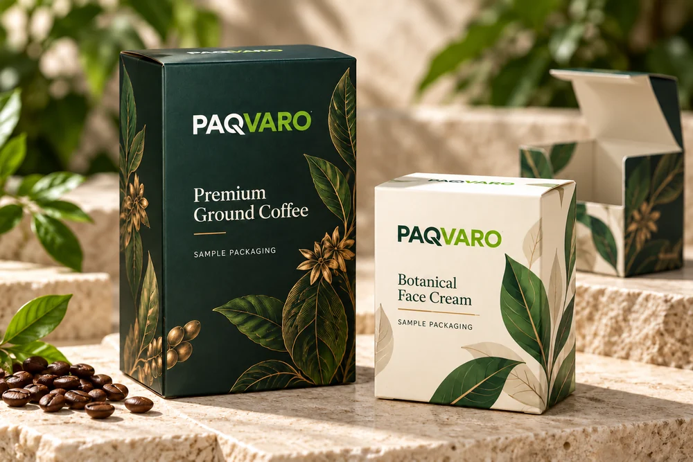 Illustrative PAQVARO concept for custom printed boxes & cartons; not a customer project
