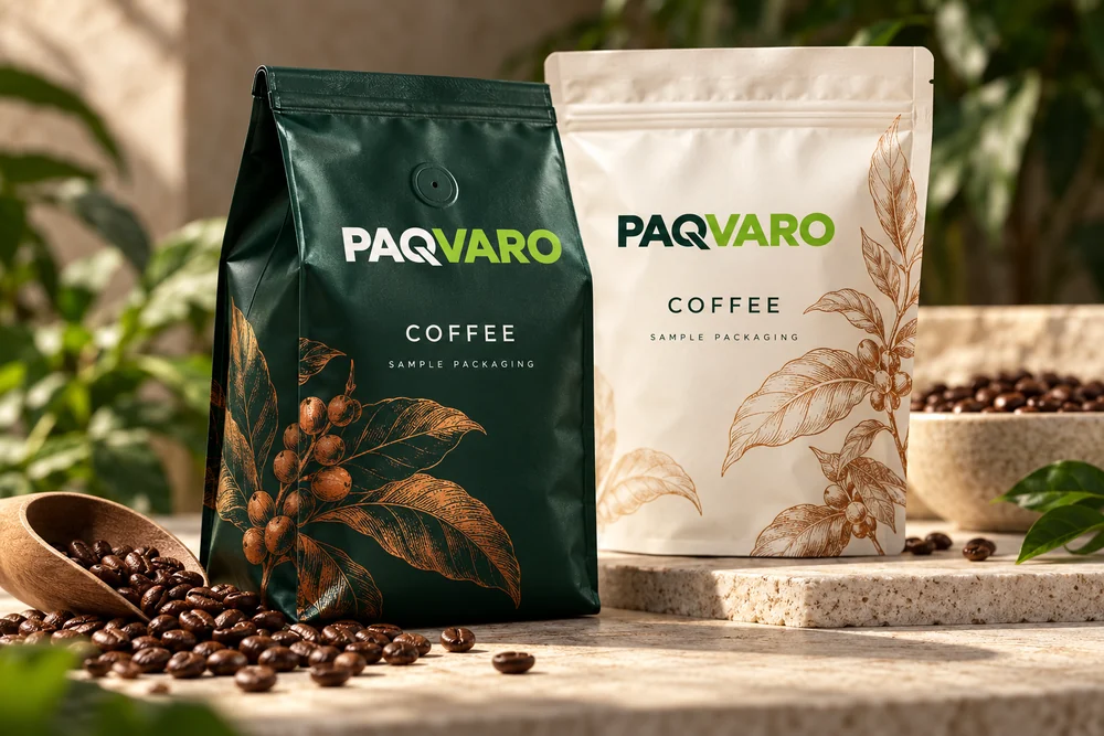 Illustrative PAQVARO concept for custom coffee packaging; not a customer project