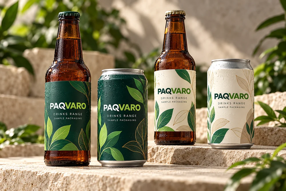 Illustrative PAQVARO concept for beer can & drinks labels; not a customer project