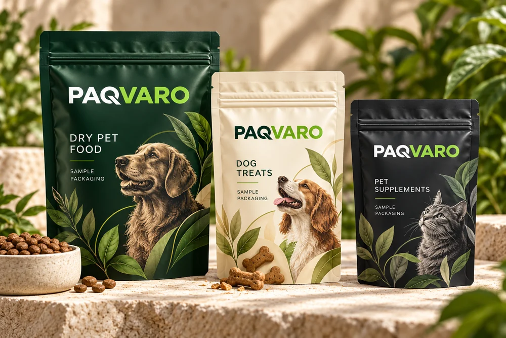 PAQVARO packaging concept: printed dry pet food, dog treat and pet supplement pouches