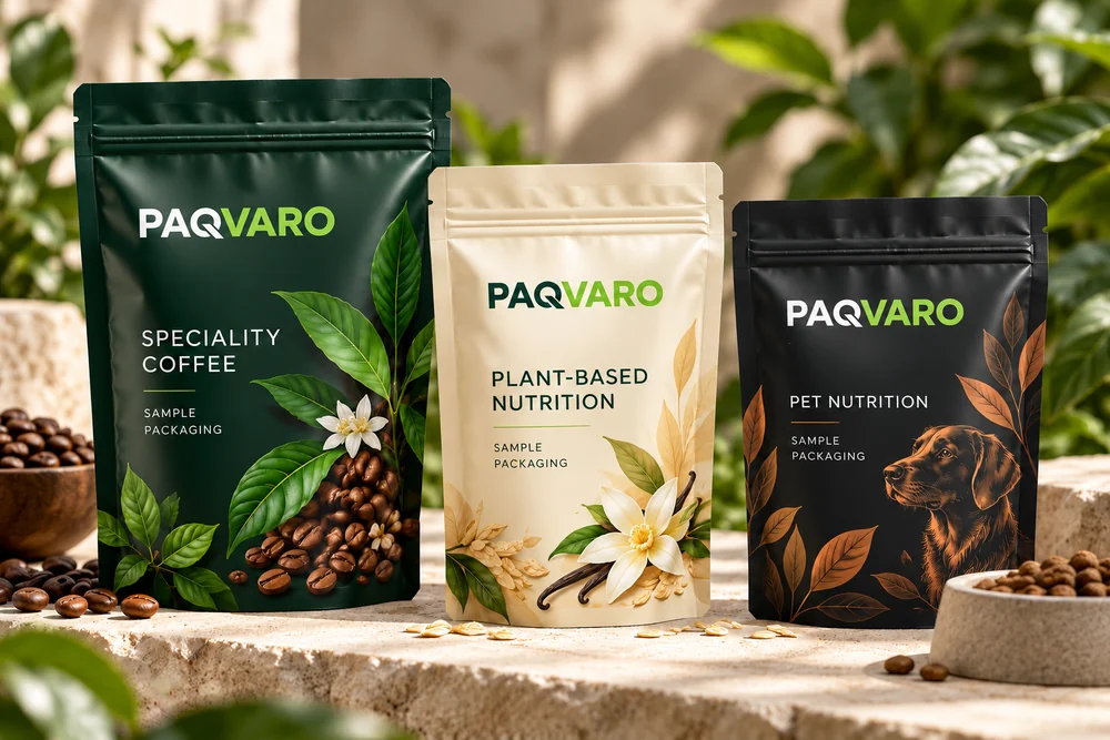 Illustrative PAQVARO concept for custom printed pouches; not a customer project