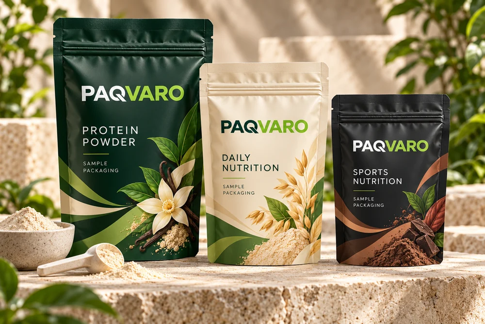 PAQVARO packaging concept: printed protein powder, daily nutrition and sports nutrition pouches